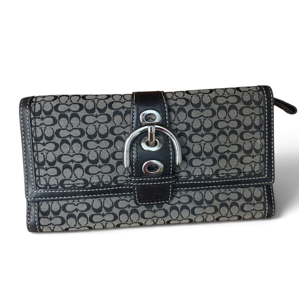 Coach Soho Signature Jacquard Buckle Wallet Black Gray Silver Hardware